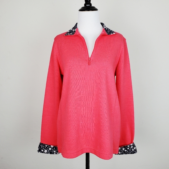 Orvis Sweater Sandy Point Pullover Quarter Zip Floral Cuff Spring Outdoor Cabin - Picture 1 of 12